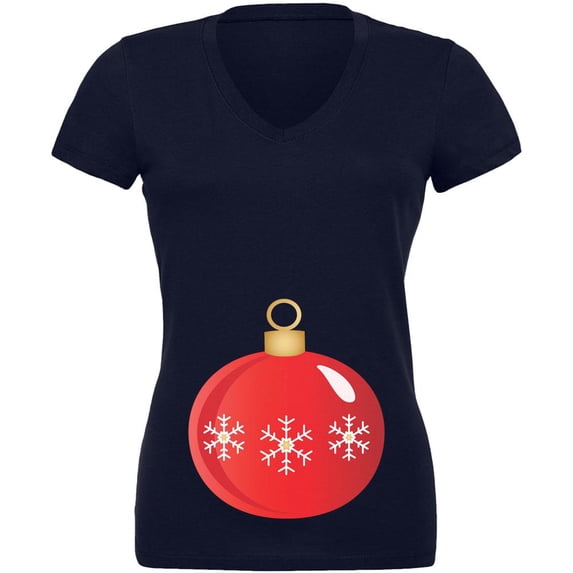 Maternity Christmas Ornament Juniors V-Neck T Shirt Navy LG