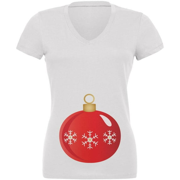Maternity Christmas Ornament Juniors V-Neck T Shirt White LG