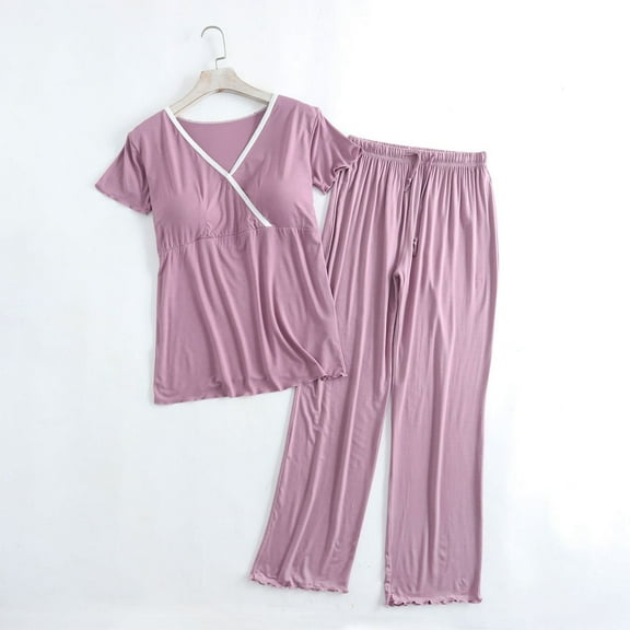 purcolt Women's Maternity Pajama Set Nursing Pjs Postpartum Breastfeeding Sleepwear Set Short Sleeve V Neck Top & Pants Pregnancy Loungewear