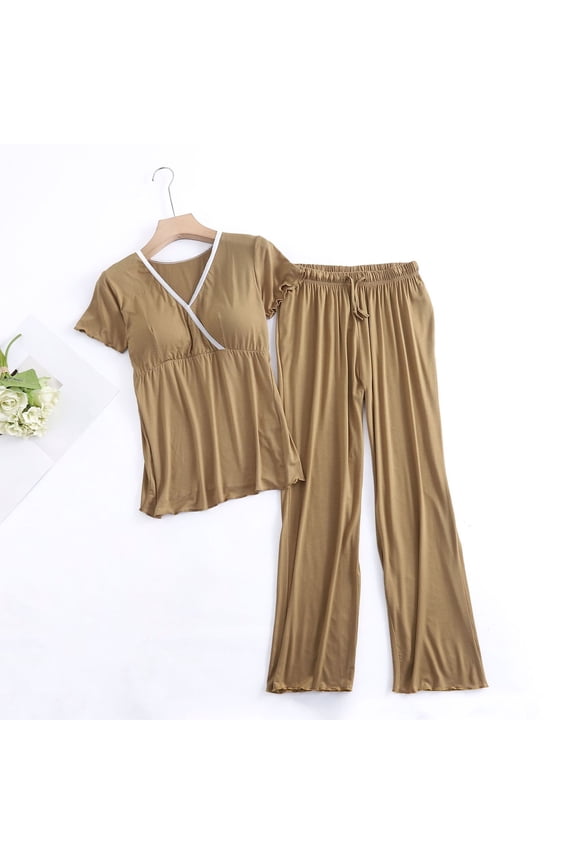Women's Maternity Pajama Set Nursing Pjs Postpartum Breastfeeding Sleepwear Set Short Sleeve V Neck Top & Pants Pregnancy Loungewear