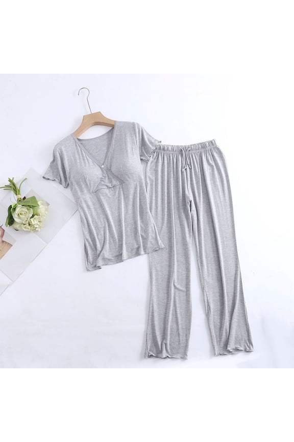 Women's Maternity Pajama Set Nursing Pjs Postpartum Breastfeeding Sleepwear Set Short Sleeve V Neck Top & Pants Pregnancy Loungewear