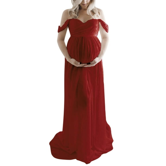 Vedolay Womens Off Shoulders Short Sleeve Solid Color Maternity Long Dress,Red S