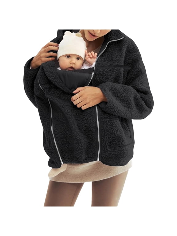 Maternity Coats for Women Maternity Winter Coat Maternity Winter Clothes Baby Wearing Jacket Women Winter Warm Fleece Maternity Coats Full Zip 3 In 1 Babywearing Jackets Pregnancy Clothes, Black-S