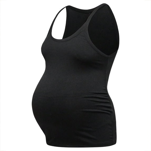 Maternity Cotton Tank Tops Women's Sleeveless Ribbed T-Shirts Round Neck Side Ruched Pregnancy Cami Basic Summer Vests Black L