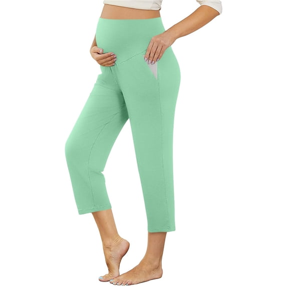 Maternity Cropped Trousers Over Bump Maternity Leggings with Pockets Capri Pants Pregnancy Soft Belly Support Yoga Pants Comfortable High Waist 3/4 Length Trousers Workout Stretchy Tights