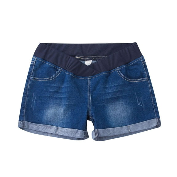 Maternity Denim Shorts Women's Summer High Waist Distressed Cuffed Hem Casual Denim Jeans Short Blue M