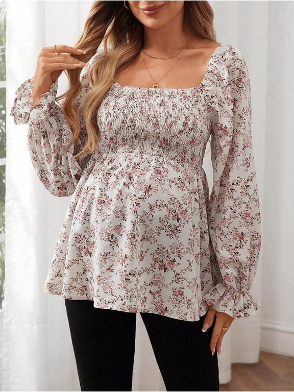Maternity Ditsy Floral Square Neck Blouse, Lantern Sleeve Smocked Bust Top, Empire Waist Peplum Pregnancy Shirt, Cottagecore Romantic Everyday Wear for Moms