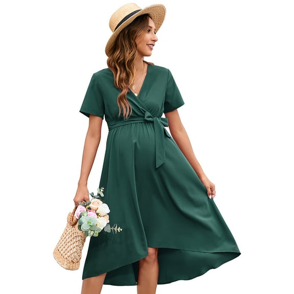 Maternity Dress For Women Cross V Neck Wrap Lanterntie High Waist A-line Flowy With Belt Dress