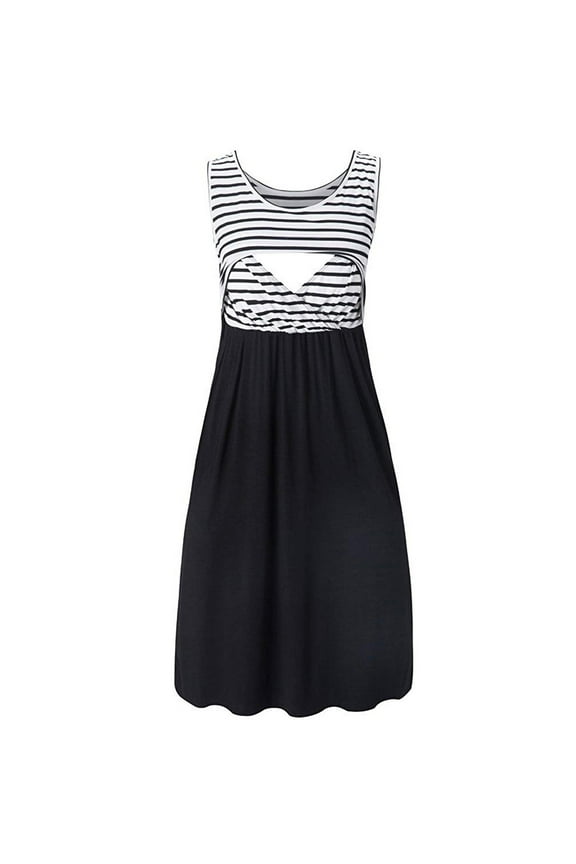 Maternity Dress For Women Fashion Stripe BreastFeeding Pregnant Patchwork Woman Nursing Dress Sleeveless Round Neck Tops