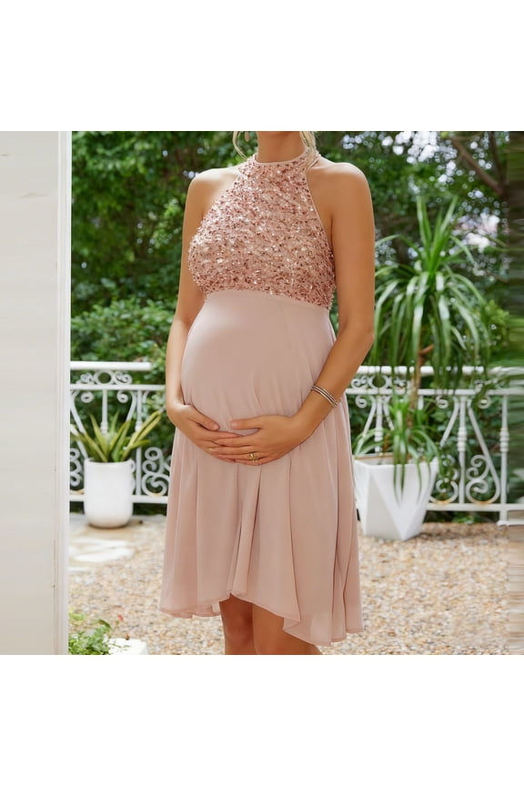 Maternity Dress, Sequin Patchwork Backless Evening Gown for Women, High Stretch Long Sleeve Party Dress for Pregnancy