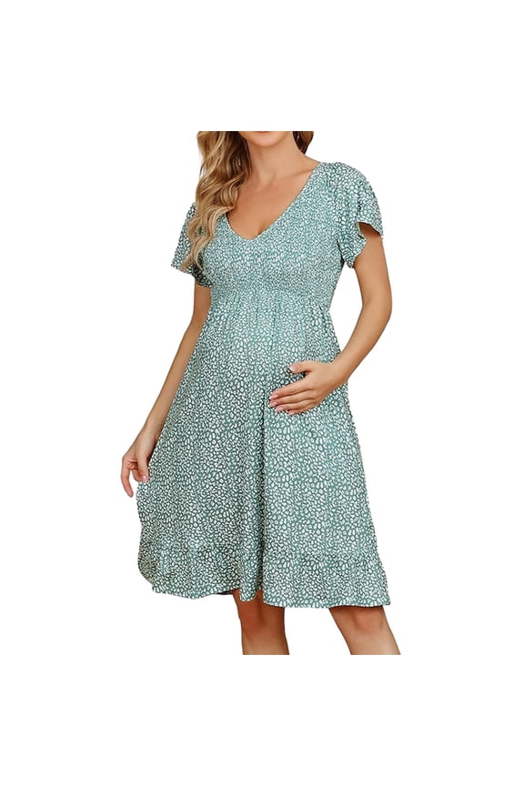 Maternity Dress Summer,Maternity Dress Midi Ruffle V-Neck Flowy Smocked Empire Waist Casual Pregnant Outfit Baby Shower