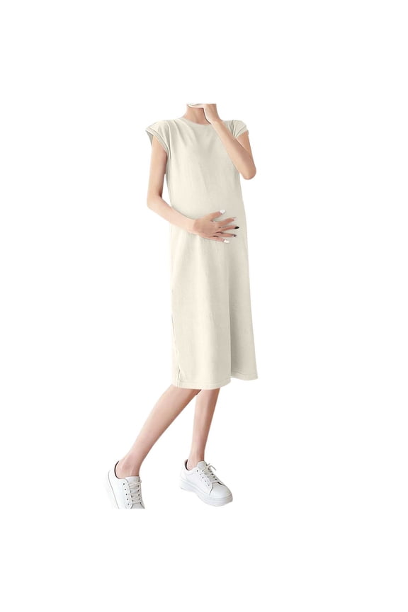 Maternity Dress Summer Sleeveless Crewneck Midi Pregnancy Clothes, Soft Stretchy Mama Casual Lounge Wear, Solid Color T-Shirt Dresses for Women Beach Vacation