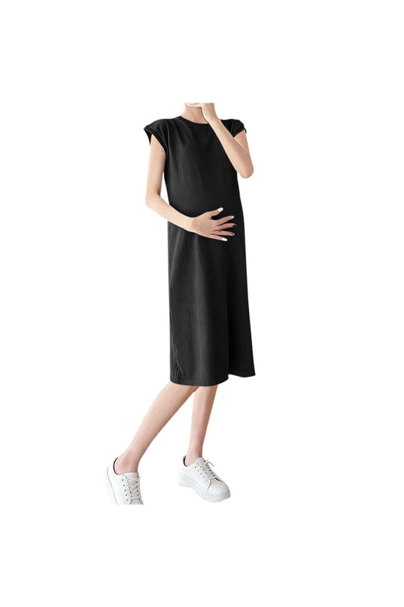 Maternity Dress Summer Sleeveless Crewneck Midi Pregnancy Clothes, Soft Stretchy Mama Casual Lounge Wear, Solid Color T-Shirt Dresses for Women Beach Vacation