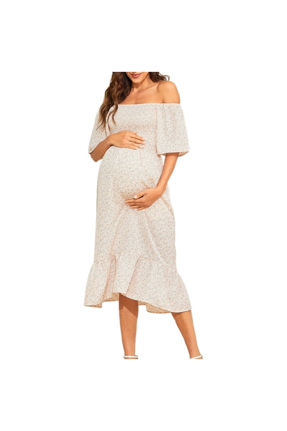 Maternity Dress for Women Floral Square Neck Maternity Dress for Women Elegant Smocked A-Line Long Flowy Casual Summer Boho Mid Length Gown Maternity Clothes
