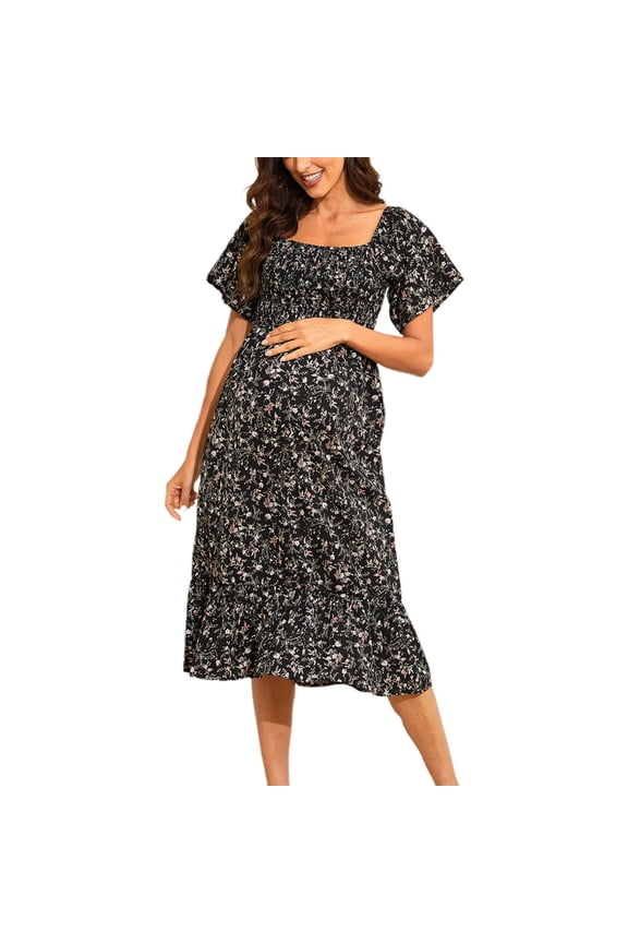 Maternity Dress for Women Floral Square Neck Maternity Dress for Women Elegant Smocked A-Line Long Flowy Casual Summer Boho Mid Length Gown Maternity Clothes