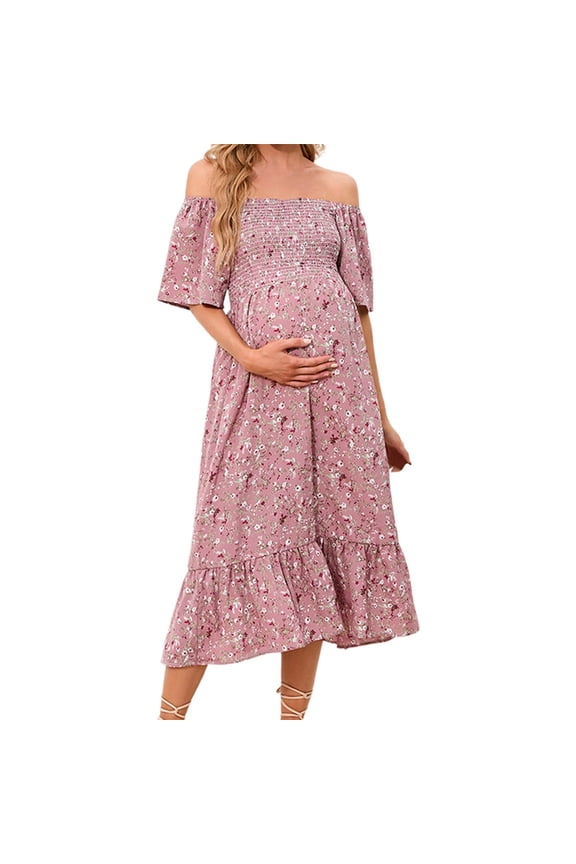 Maternity Dress for Women Floral Square Neck Maternity Maxi Dress Elegant Smocked Waist Flowy A-Line Casual Long Dress for Pregnancy Photoshoot Maternity Clothes