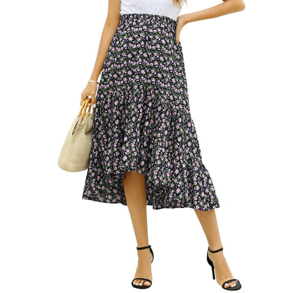 Maternity Dress Women's High Waist Floral Print Pleated Maxi Skirt Casual Flowy Swing A Line Long Skirts