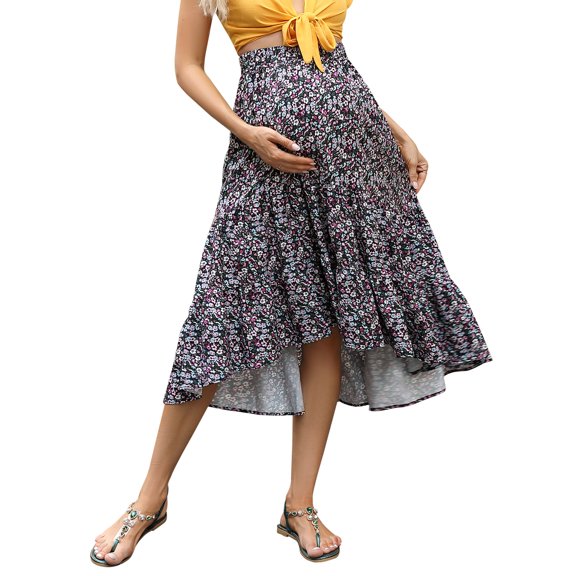 Maternity Dress Women's High Waist Floral Print Pleated Maxi Skirt Casual Flowy Swing A Line Long Skirts