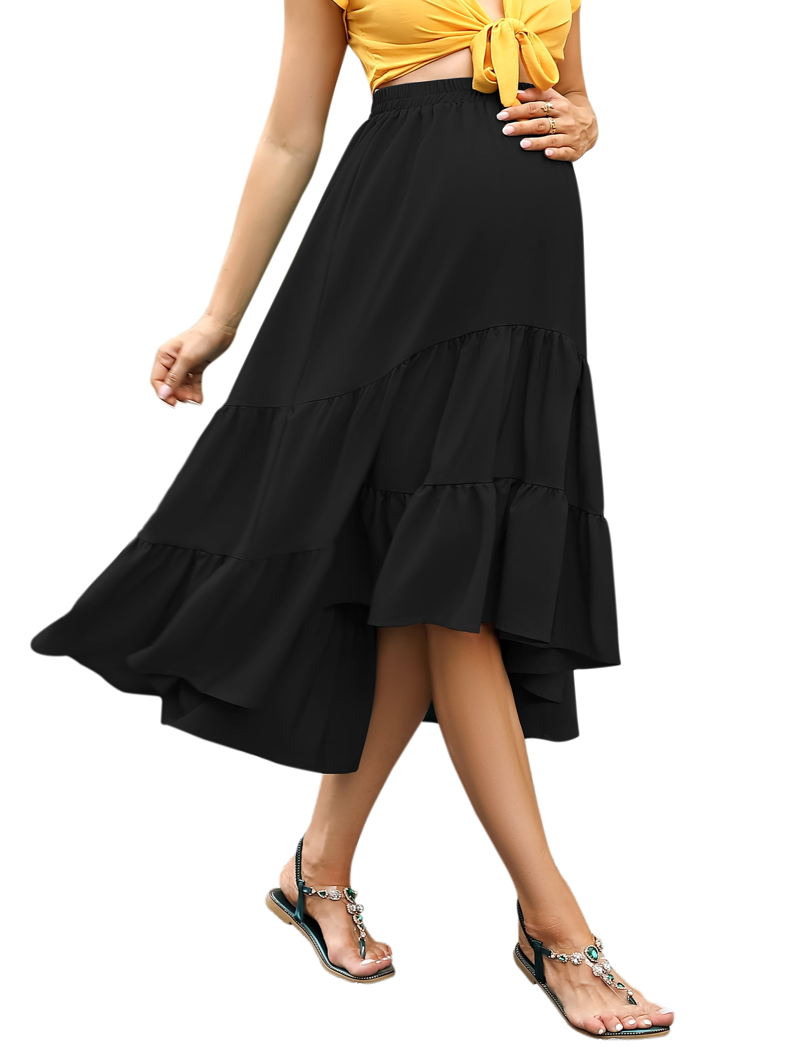 maternity dress skirts YESFASHION Maternity Dress Women's High Waist Floral Print Pleated Maxi Skirt Casual Flowy Swing A Line Long Skirts Black S