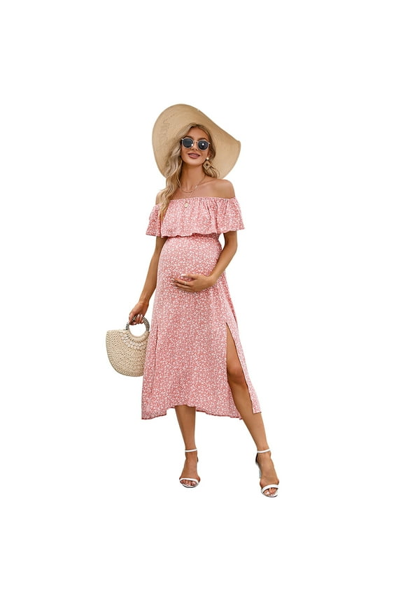 Maternity Dress Women's Off Shoulder Split A Line Casual Maxi Dress