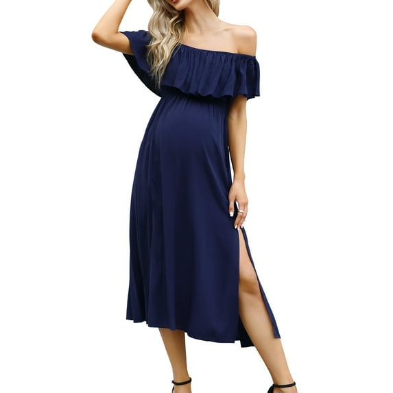 Maternity Dress Women's Off Shoulder Split A Line Casual Maxi Dress