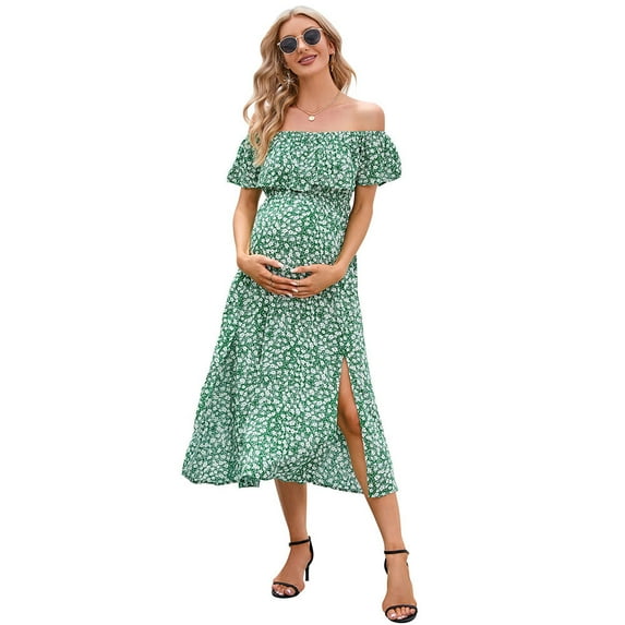 Maternity Dress Women's Off Shoulder Split A Line Casual Maxi Dress