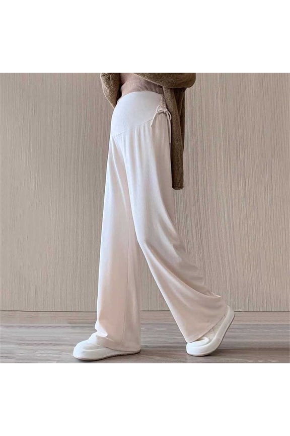 Maternity Dress Yoga Pants with Pockets Over The Belly Stretchy Work Pregnancy Wide Leg Casual Trousers Beige L