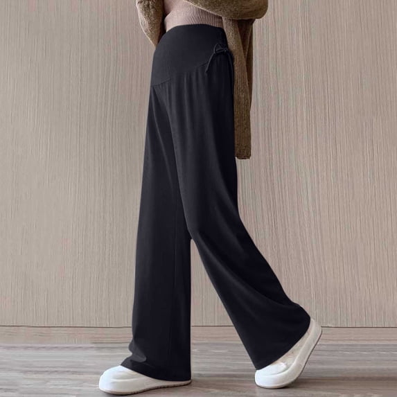 Maternity Dress Yoga Pants with Pockets Over The Belly Stretchy Work Pregnancy Wide Leg Casual Trousers Black M