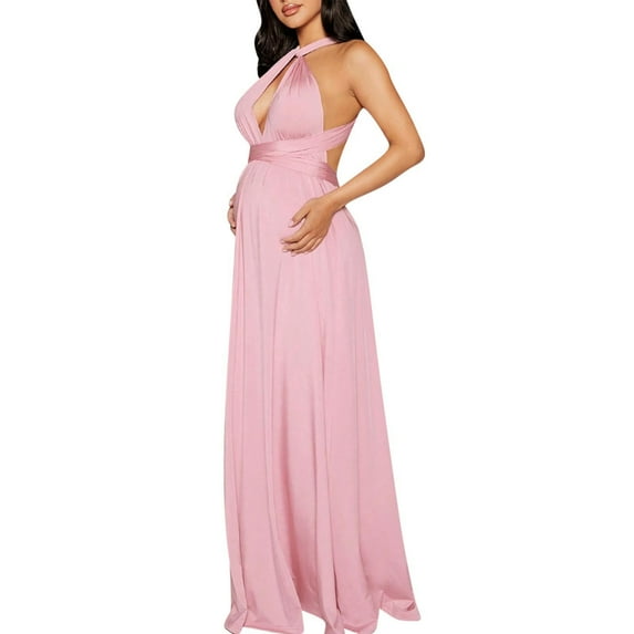 Maternity Dress for Baby Shower - 2025 Photoshoot Pregnancy Summer Midi Casual Flutter Sleeve Dress Pink S