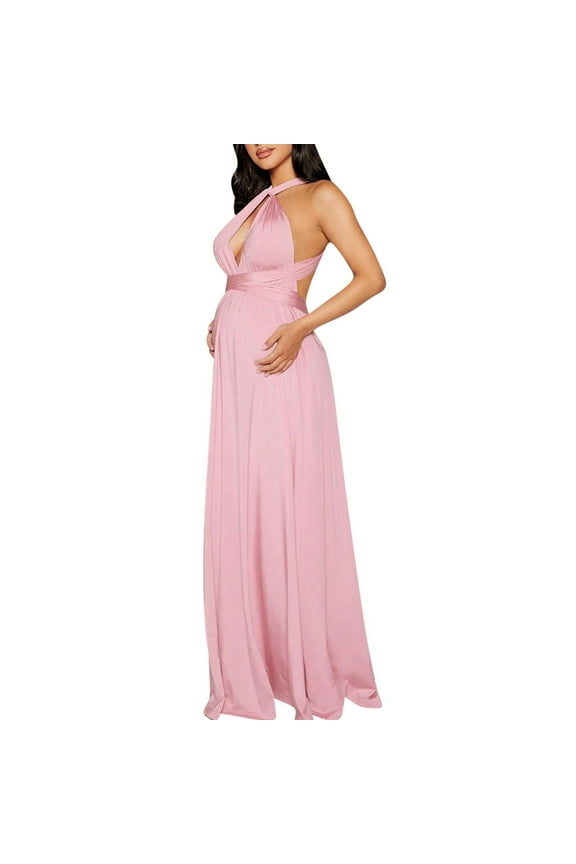 Maternity Dress for Baby Shower - 2025 Photoshoot Pregnancy Summer Midi Casual Flutter Sleeve Dress Pink S