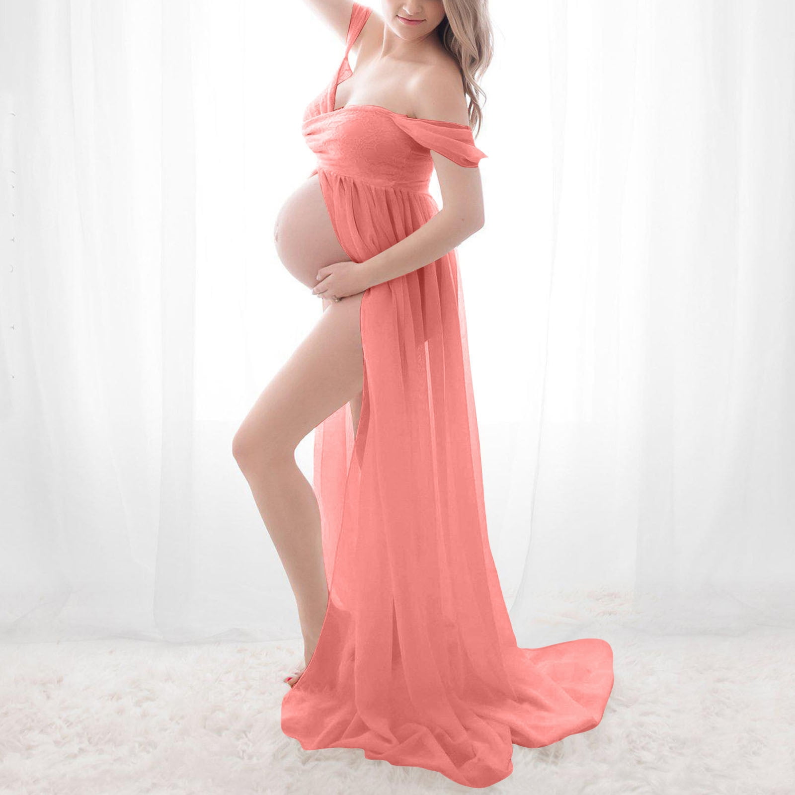 Maternity Dress for Photoshoot Women Off Shoulder Pregnants Sexy  Photography Ruffled Short Sleeve Dress Nursing Long Dress Hot Pink XL -  Walmart.com