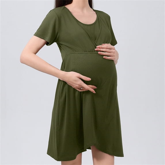 Maternity Dress for Women Casual Round Neck Short Sleeve High Waist Pregnant Nightgowns Mini Dress Army Green XL