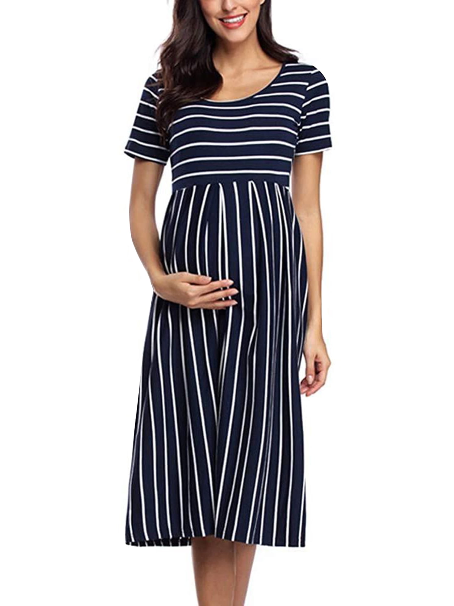 Maternity Dress for Women Casual Short Sleeve Striped Midi Dress