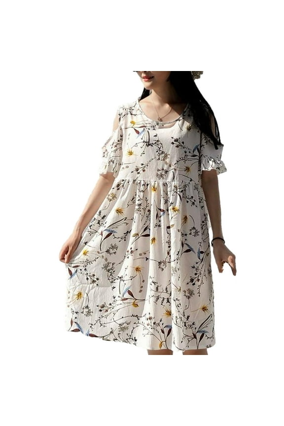 Maternity Dress for Women Cute Ruffle Loose Cold Shoulder Boho Floral Beach Dresses 2024 Summer Pregnancy Clothes