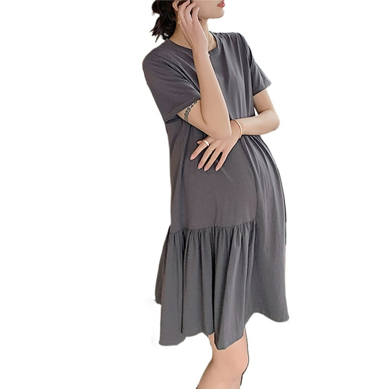 Maternity Dress for Women Loose Pleated Casual Crewneck Short