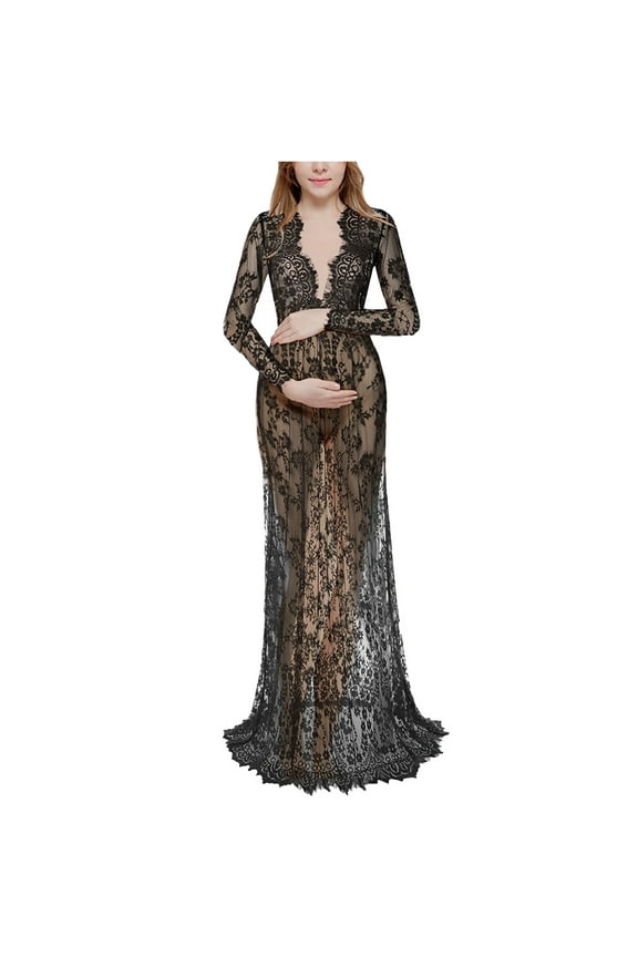 Maternity Dress for Women Photoshoot Lace Tulle See Through Deep V Neck Long Sleeve Pregnancy Bodycon Maxi Dress Baby Shower Tail Gown Black XXL