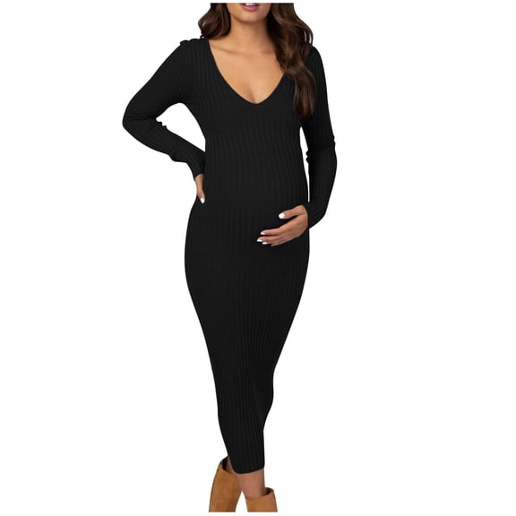 Maternity Dress with Belt Stretchy Bodycon Pregnancy Dresses Long Sleeve Pregnant Clothes Black A L