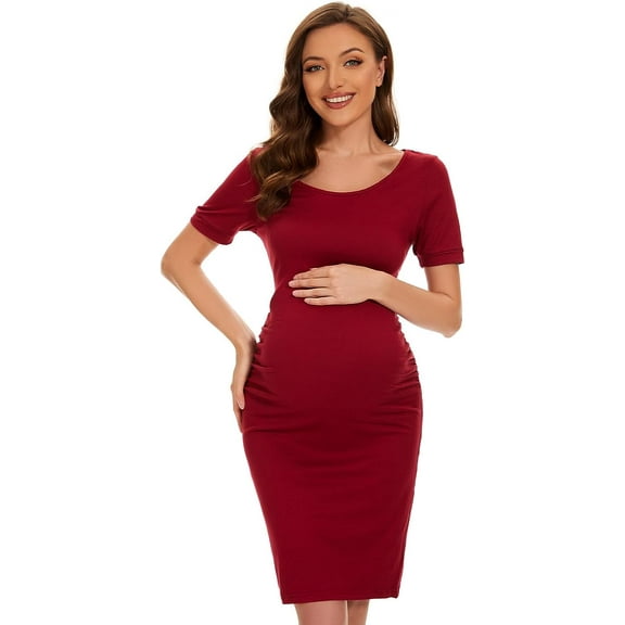 Maternity Dresses for Daily Baby Shower and Photography, Side Ruching Womens Bodycon Dress, Short Sleeve, Burgundy, 3X-Large
