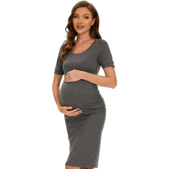 Maternity Dresses for Daily Baby Shower and Photography, Side Ruching Womens Bodycon Dress, Short Sleeve, Heather Grey, 3X-Large