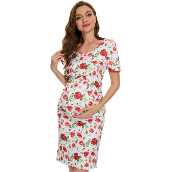 Maternity Dresses for Daily Baby Shower and Photography, Side Ruching Womens Bodycon Dress, Short Sleeve, Red Rose, Small