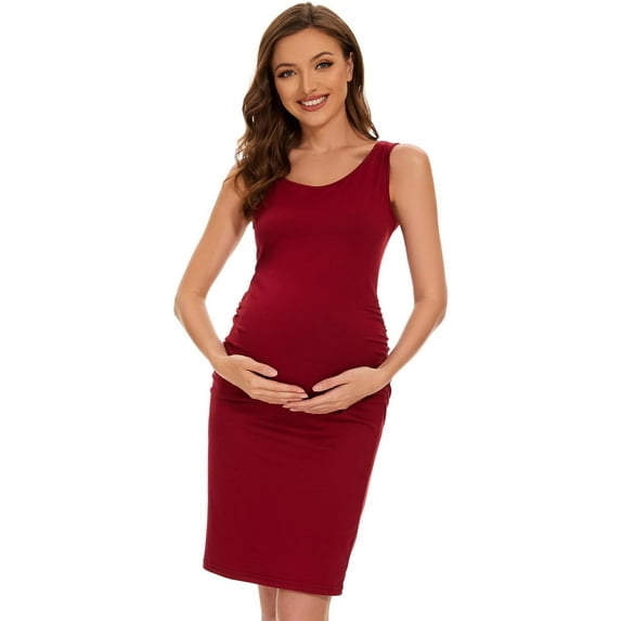 Maternity Dresses for Daily Baby Shower and Photography, Sleeveless Tank Dresses Side Ruching Womens Bodycon Dress, Burgundy, Large