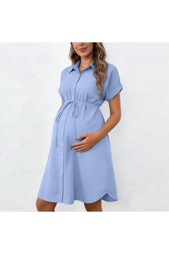 Maternity Dresses for Women Summer Pregnant Clothes Casual Beach Long Maxi Dress with Pockets Light Blue M