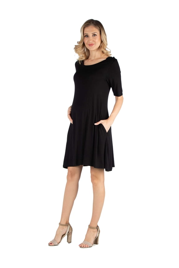 Maternity Elbow Sleeve Flared T Shirt Pocket Dress