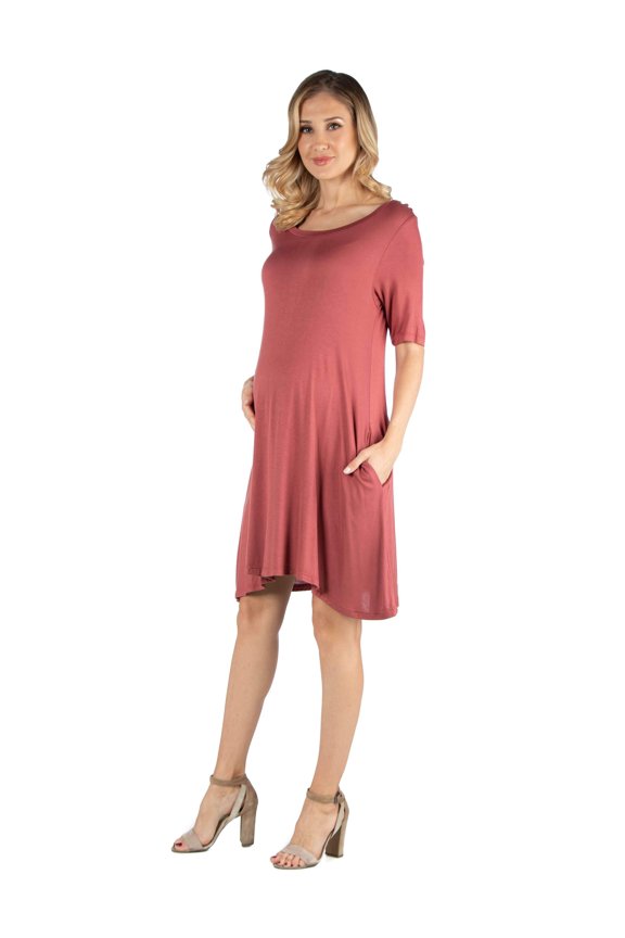 Maternity Elbow Sleeve Flared T Shirt Pocket Dress