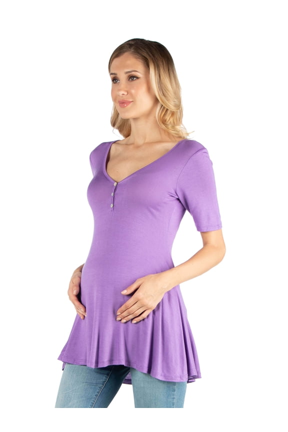 24seven Comfort Apparel Maternity V Neck Elbow Sleeve Flared Henley Style Tunic Top