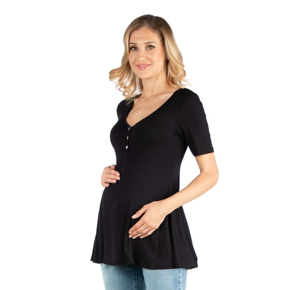 24seven Comfort Apparel Maternity V Neck Elbow Sleeve Flared Henley Style Tunic Top