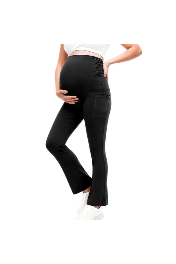 Maternity Flare Leggings for Women Over Belly Support Pockets Flared Leg Tummy Control Outdoor Training Dance Home Lounge Active Everyday Summer Pregnancy Activewear