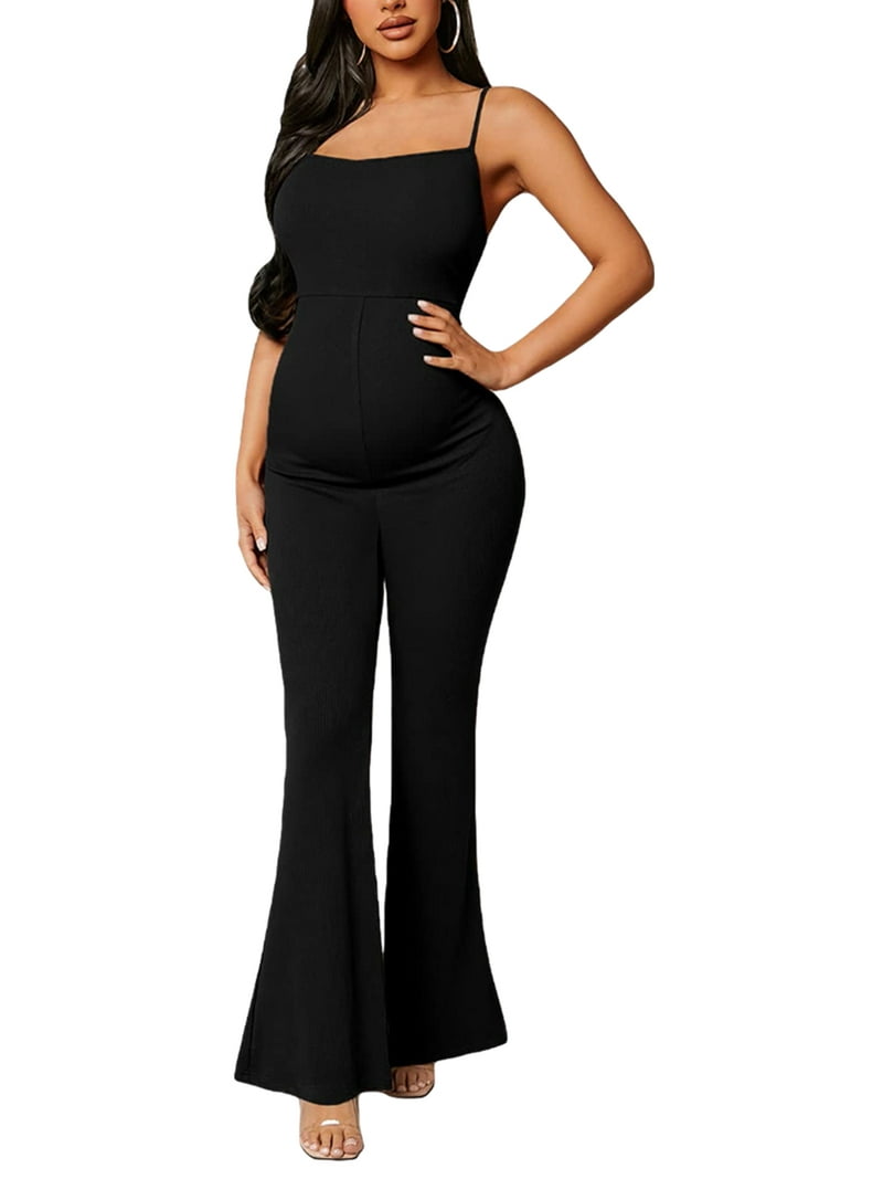 Maternity Flared Leg Jumpsuits Solid Color Summer Spaghetti