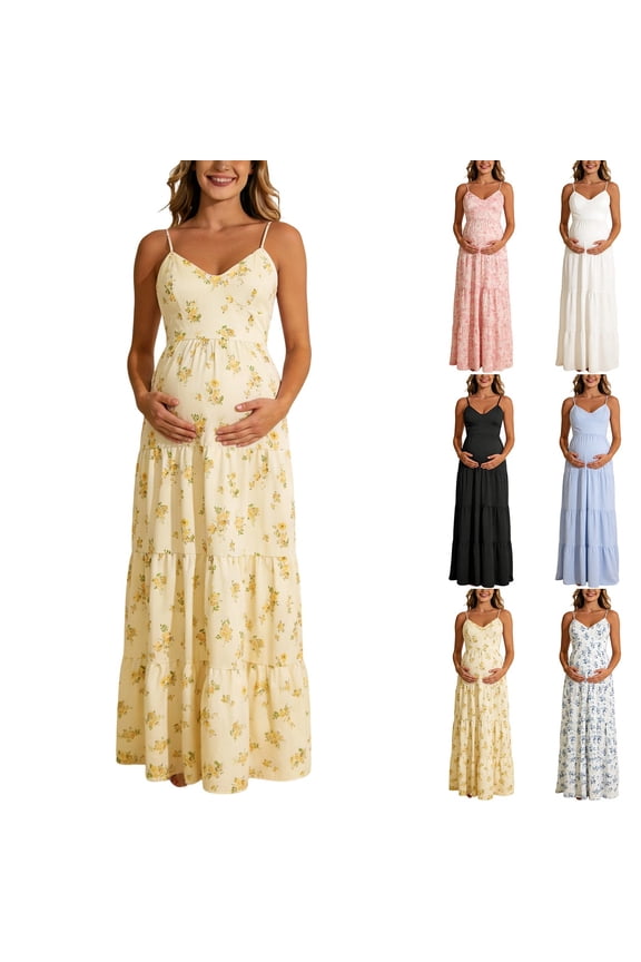 Maternity Floral Summer Maxi Dress Bow Tie V Neck Baby Shower Photoshoot Casual Boho Long Sundress for Women