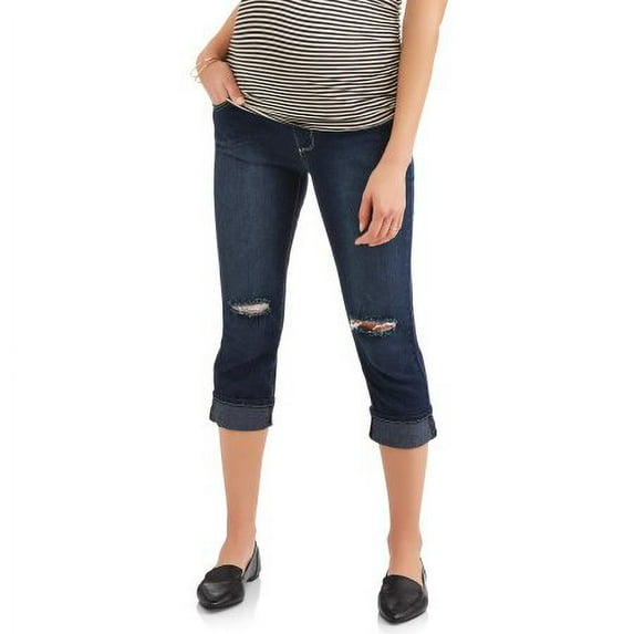 Maternity Full Panel 5 Pockets Distressed Capri Denim Jeans --Available in Plus Size